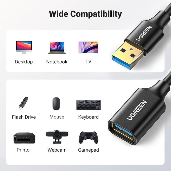 Ugreen USB 3.0 Male To Female Gold Plated Extension Cable with 5Gbps Transfer Speed Compatible With PC, Game Consoles, Monitors (3M) 