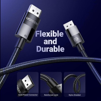 Ugreen 8K DisplayPort Cable 1.4, DP to DP 2M, 8K@60Hz/4K@165Hz/2K@240Hz/1080P@240Hz, for Gaming Monitor/Graphics Card/PC, Support 3D/HDCP/HDR/G-SYNC/Free-SYNC, Male to Male Nylon Braided Cable-2Meter