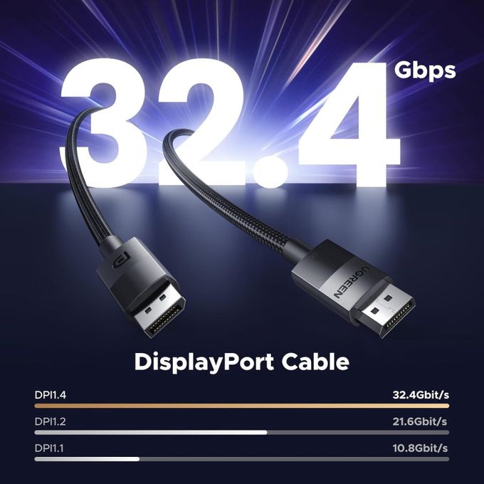 Ugreen 8K DisplayPort Cable 1.4, DP to DP 2M, 8K@60Hz/4K@165Hz/2K@240Hz/1080P@240Hz, for Gaming Monitor/Graphics Card/PC, Support 3D/HDCP/HDR/G-SYNC/Free-SYNC, Male to Male Nylon Braided Cable-2Meter