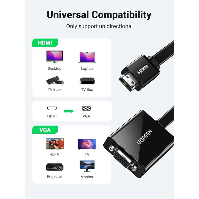Ugreen Active HDMI to VGA Adapter Converter with 3.5mm Audio Jack up to 1080P Compatible With PC, Laptop, Ultrabook, Raspberry Pi, Chromebook - Black Ugreen Active HDMI to VGA Adapter Converter with 3.5mm Audio Jack up to 1080P Compatible With PC, Laptop, Ultrabook, Raspberry Pi, Chromebook - Black