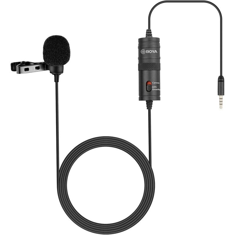 Boya by-m1 lavalier microphone with windshield for smartphones and cameras - black