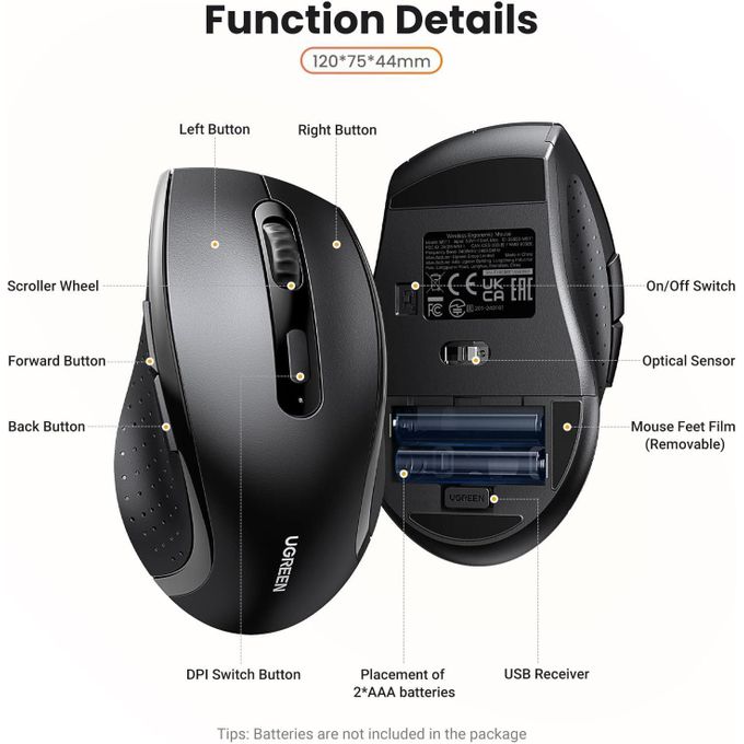 Ugreen Wireless Mouse 2.4GHz Ergonomic Mouse USB Receiver 5 Levels 1600 DPI, Compatible with Computer PC MacBook Laptop Windows 11 10 macOS Linux