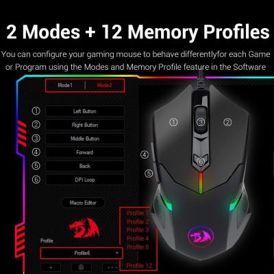 Redragon M601 Gaming Mouse RGB Backlit Wired Ergonomic 7 Button Programmable Mouse Macro Recording, Weight Tuning Set 7200 DPI for Windows PC (Black)
