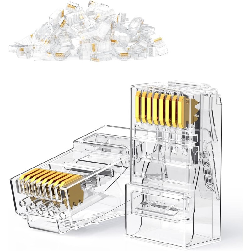 UGREEN RJ45 Connector Cat6 50 Pack RJ45 Non-Passthrough Plug Ethernet Cable Crimp LAN Connector Crystal Unshielded Crimp Connector Gold Plated Network Plug for Solid Wire and Standard Cable