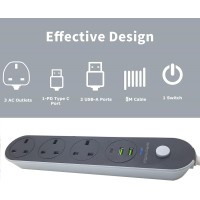 LEYENDA Power Strip Extension Cord, 5 Metre, 3 UK Sockets, 2 USB Ports, Type-C PD Port, Surge Protection