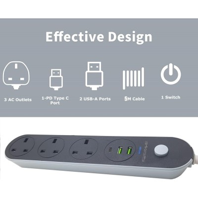LEYENDA Power Strip Extension Cord, 5 Metre, 3 UK Sockets, 2 USB Ports, Type-C PD Port, Surge Protection
