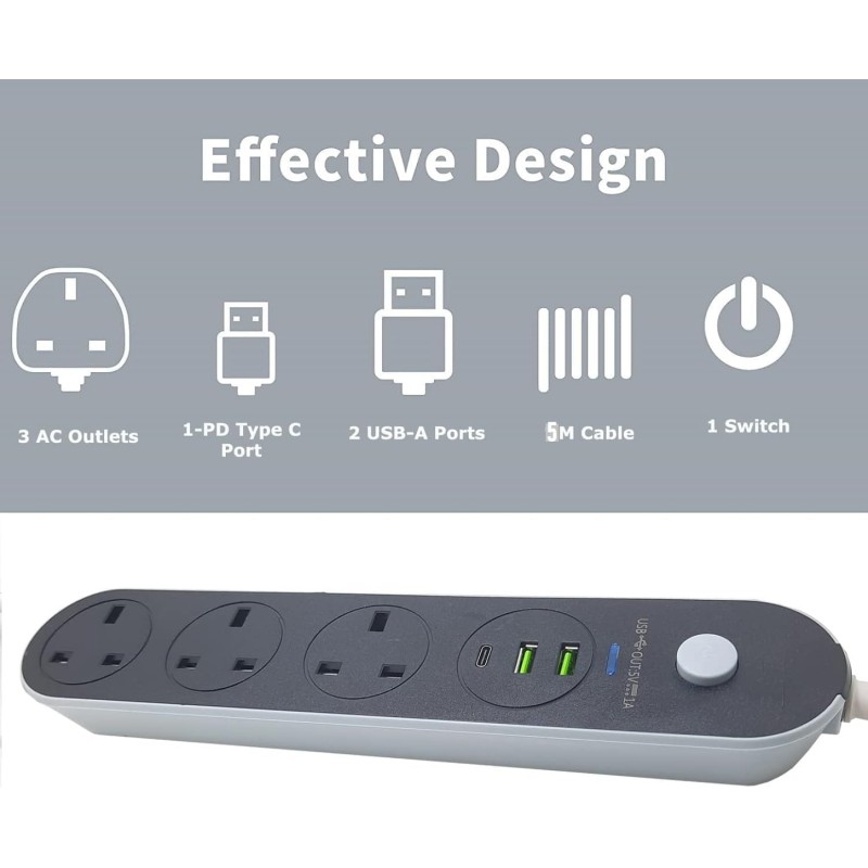 LEYENDA Power Strip Extension Cord, 5 Metre, 3 UK Sockets, 2 USB Ports, Type-C PD Port, Surge Protection