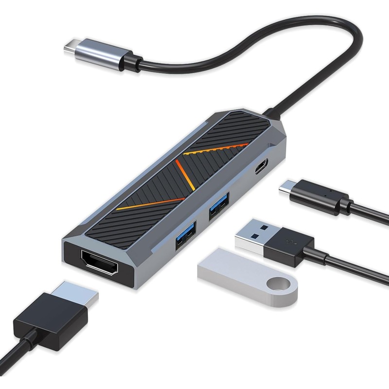 Redragon USB C Docking Station, 4-in-1 USB-C Hub, 4K@60HZ HDMI Adapter, Type C 100W Power Delivery, 2X USB 3.0, RGB Light