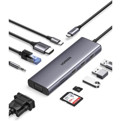 UGREEN 15601 USB Hub Type-C 10 in 1 Dongle With 4K HDMI & VGA Grey