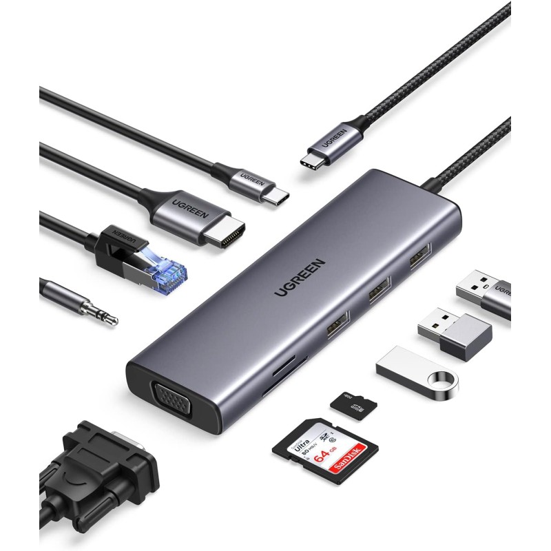 UGREEN 15601 USB Hub Type-C 10 in 1 Dongle With 4K HDMI & VGA Grey