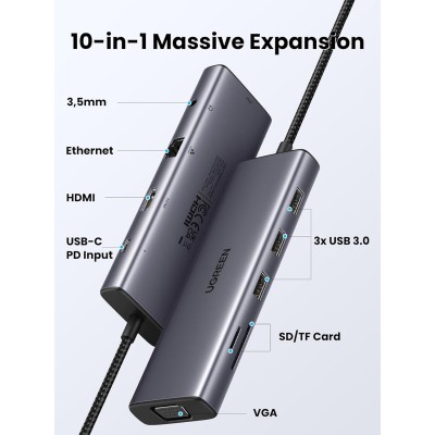 UGREEN 15601 USB Hub Type-C 10 in 1 Dongle With 4K HDMI & VGA Grey