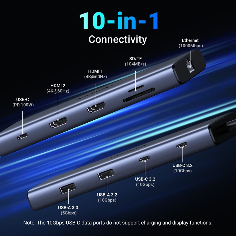 UGREEN 45380 USB Hub Type-C 10 in 1 Dongle With 2port 4K HDMI  Grey