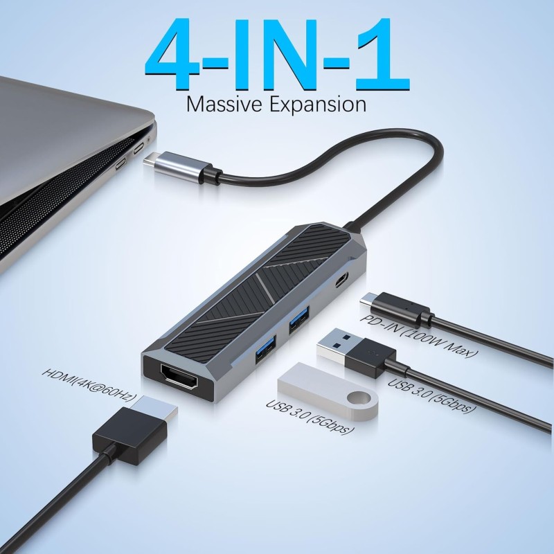 Redragon USB C Docking Station, 4-in-1 USB-C Hub, 4K@60HZ HDMI Adapter, Type C 100W Power Delivery, 2X USB 3.0, RGB Light