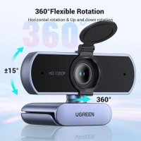 Ugreen Webcam Full HD 1080P 30FPS Camera USB PC Fixed Focus Two Micro 360 Degree Rotation Plug Play Windows MacOS Linux Youtube Streaming Skype Video Call Zoom Video Conference Gray