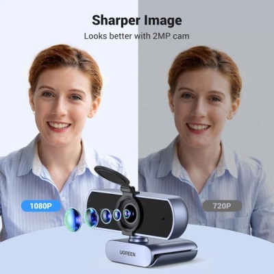 Ugreen Webcam Full HD 1080P 30FPS Camera USB PC Fixed Focus Two Micro 360 Degree Rotation Plug Play Windows MacOS Linux Youtube Streaming Skype Video Call Zoom Video Conference Gray