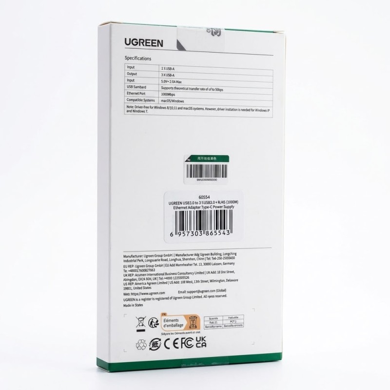 UGREEN 60554 USB3.0 to 3×USB3.0 +RJ45 Gigabit Ethernet Adapter Type-C Power